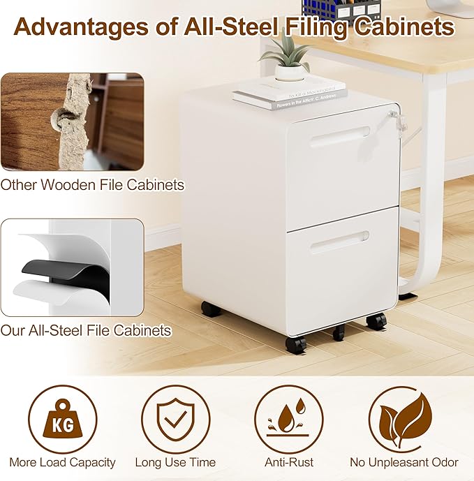 File Cabinet Mobile Filing Cabinet with Lock All Steel Structure Printer Stand Fully Assembled Except Casters Under Desk Storage for Home Office 2 Drawers Document Organizer White