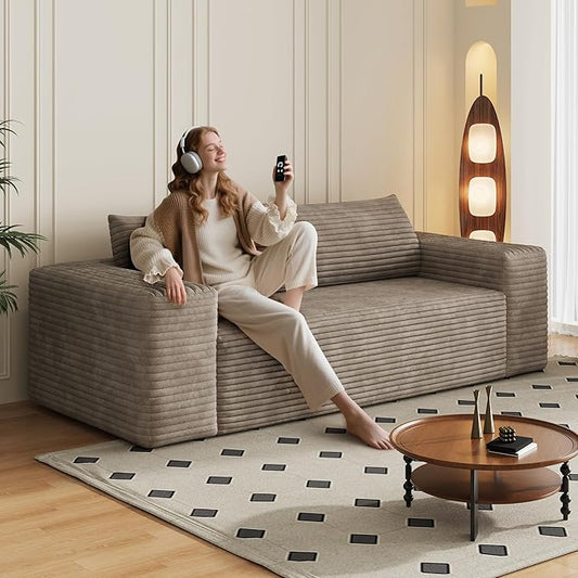 78.8 Corduroy Boneless Couch 3-Seater Compression Sofa with 2 Throw Pillows No Assembly Required Comfy Loveseat Sofa in a Box Modern Couches for Living Room (Camel 78.8 inch) | Breathable Materi