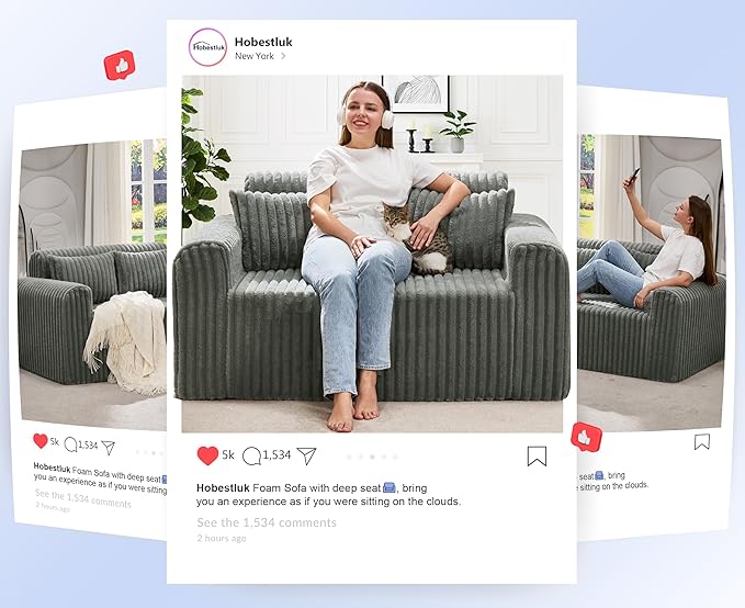 Hobestluk Couch Sofa 2-Seater Foam Sofa Loveseat for Small Spaces Comfy Sofas with Removable Cover Furry Couch with Pillows for Living Room Bedroom Apartment Office (Grey Loveseat)