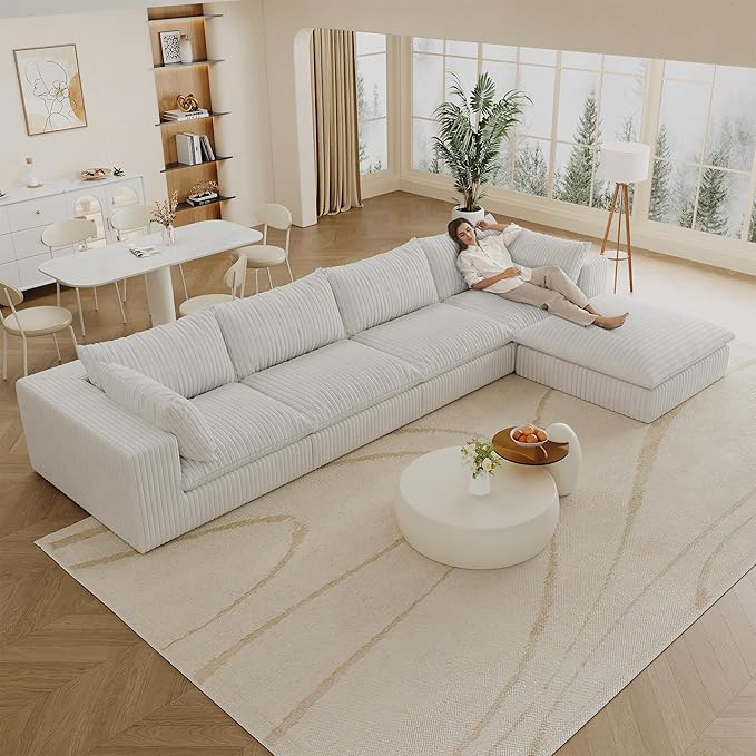 157.6 Modular Sectional Sofa Cloud Couch with Ottoman Modern Fluffy Boneless Couch Deep Seat Upholstered Sofa for Living Room Furniture Bedroom and Apartment (White 4S &amp L Shape) | Plush Cord