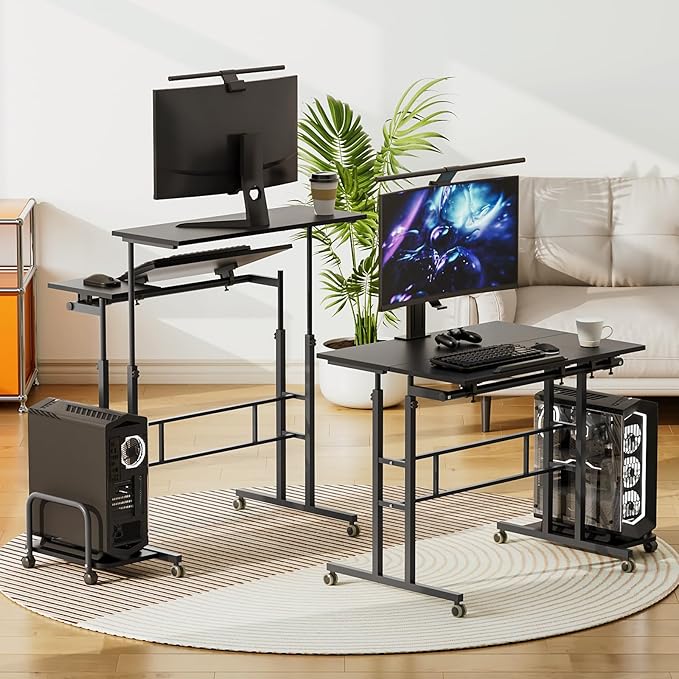 Athena Collection Height-Adjustable Mobile Laptop Stand Cart with CPU Holder Rolling Sit-Stand Desk Workstation for Home Office Black