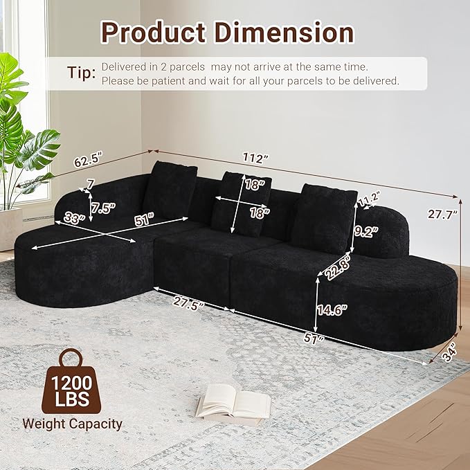 112 L Shaped Curved Sofa Modular Sectional Couch with Chaise Boneless Couch for Living Room Modern Comfy Long-Pile Polyester Fabric Cloud Sofa with Three Pillows No Assembly (Black 112 Left)