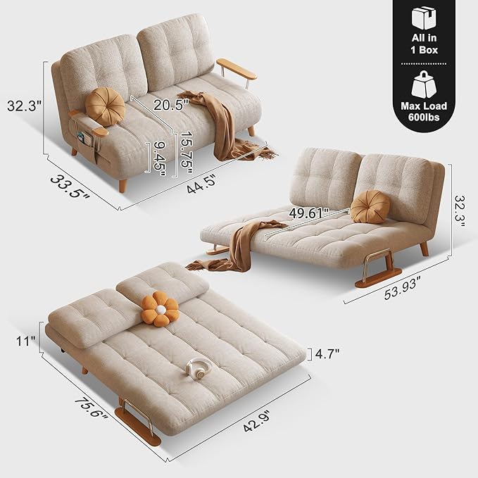5-in-1 Single Convertible Sofa Bed with Storage 5-Position Adjustable Backrest Modern Compact Sleeper Chair for Small Spaces 28 for Guest Room or Living Room