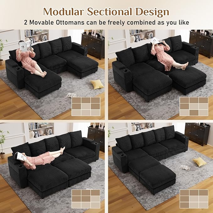 110 Oversized Cloud Couch U Shaped Modular Sectional Sofa L Shaped Sectional Couches for Living Room Comfy Corduroy Cloud Sofa with Ottoman USB Port Cup Holder Armrest Storage Side Pocket Black