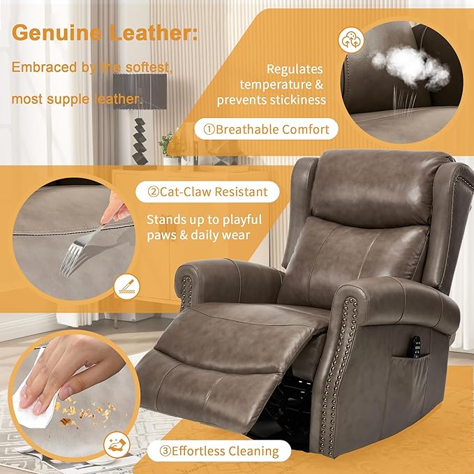 360° Swivel Glider Chair for Nursery Wingback Genuine Leather Rocking Recliner with Lumbar Heat &amp Massage 8-Point Vibration Massage for Living Room Bedroom