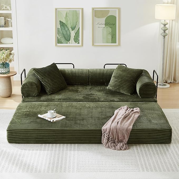 Modular Couch Bed Convertible Folding Plush Corduroy Comfy Floor Memory Foam Compression Loveseat Sleeper Sofa Couch King Size Bed for Guest Room Living Room Bedroom No Assembly Required Green
