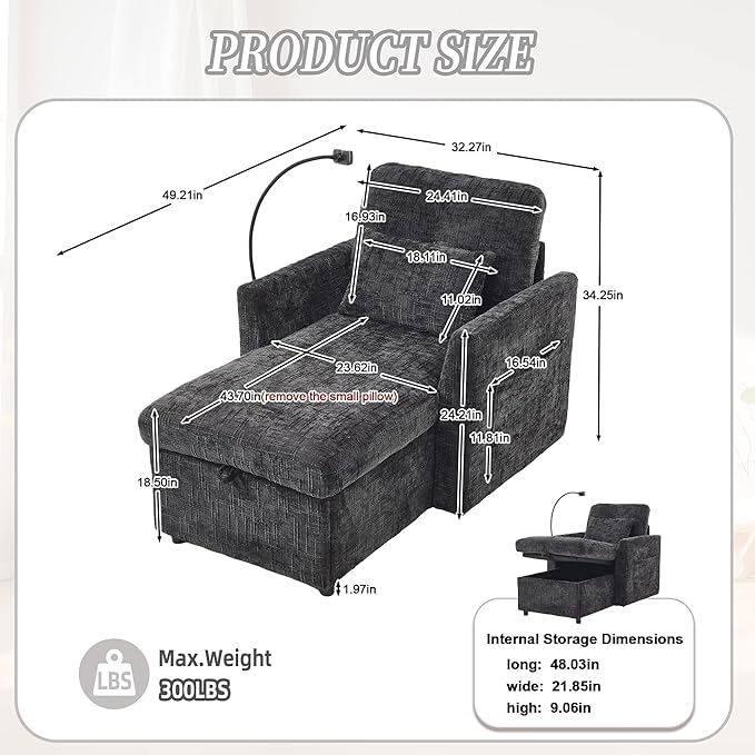 Multifunctional Recliner Sofa Chair with Storage Phone Holder &amp Adjustable Backrest Chenille Fabric Single Leisure Chair for Living Room Bedroom Small Spaces (Black)