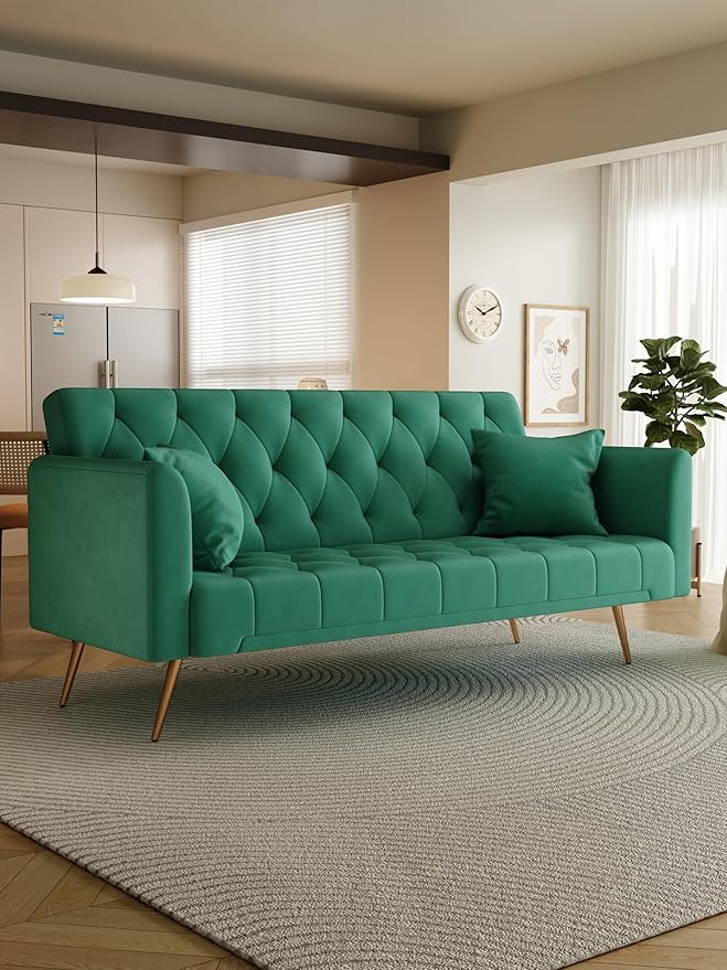 71 Convertible Velvet Futon Sofa Bed Loveseat with Multiple Adjustable BackrestsModern Sleeper Couch with Golden Metal Legs for Living RoomApartmentOfficeGreen