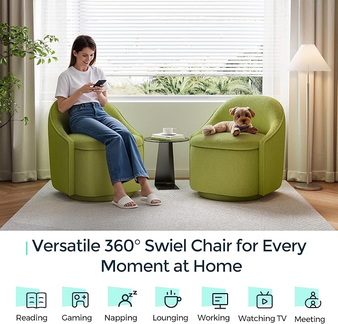 LINSY Swivel Accent Chair with Storage Comfy Chenille Barrel Chairs Small 360 Swivel Modern Armchair for Living Room Bedroom Boucle Reading Chair for Study Room (Green)