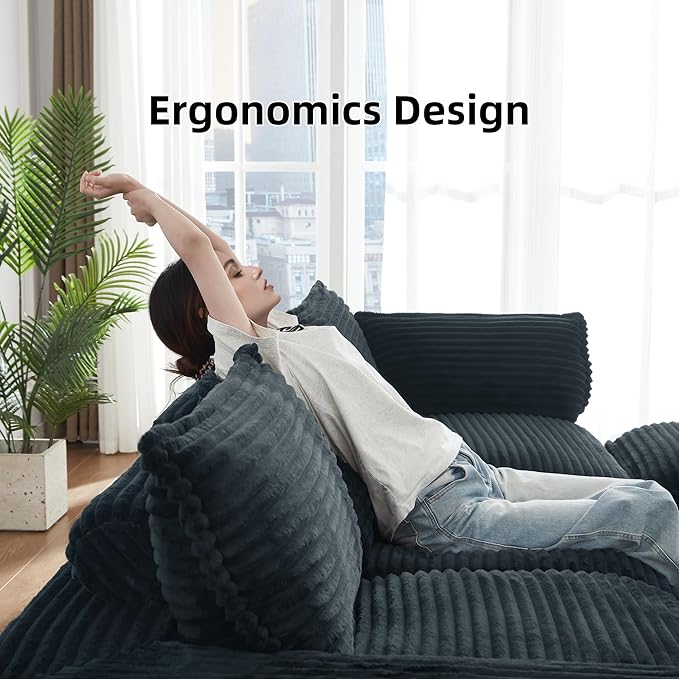 L Shaped Couch Convertible 109 Modular Cloud Couch with Ottoman 3 Seater Upholstered Sectional Sofa Plush Corduroy Boneless Sofa for Living Room Bedroom and Apartment Dark Grey