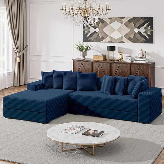 111'' Sectional Corduroy Sofa with Chaise Extra Large L Shaped Convertible Sleeper Couches Set Reversible Bed with 8pcs Cushions for Living Room Bedroom
