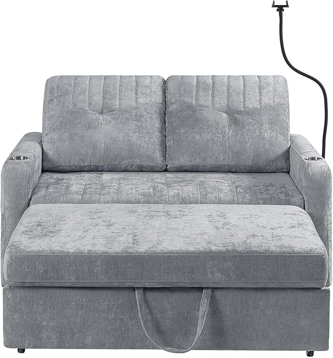 Modern Loveseat Pull-Out Sofa Bed Chenille Sleeper Sofa Couch with Adjustable Backrest 2 Cup Holders Phone Holder 3 Charging Ports and Side Storage Pockets for Living Room (Grey)