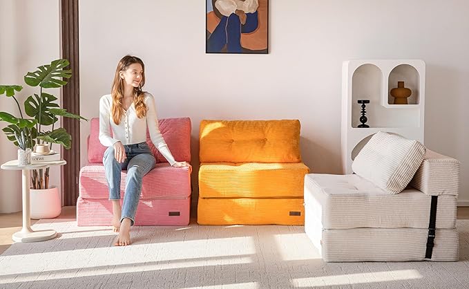 MAXYOYO Folding Sofa Bed Convertible Sofa Bed with High-Density Support Foam Portable 4 in 1 Fold Out Chair to Floor Lounger Versatile Floor Couch for Living Room Bedroom Orange