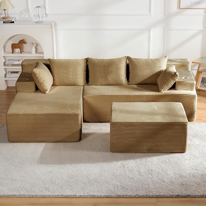 Boneless Couch Cloud Modular Sectional Sofa Modern Convertible L Shaped 3 Seat Corduroy Deep Seat Boneless Couches with 5 Pillows for Living Room Apartment (Brown Left Facing Chaise+Ottoman)