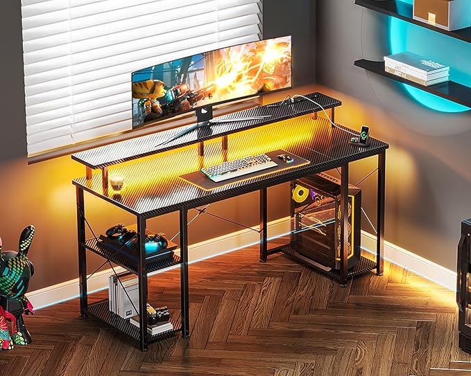 ODK 55 inch Computer Desk with Power Outlets &amp LED Lights Gaming Desk with Monitor Stand &amp Storage Sheves Home Office Desk Carbon Fiber Black