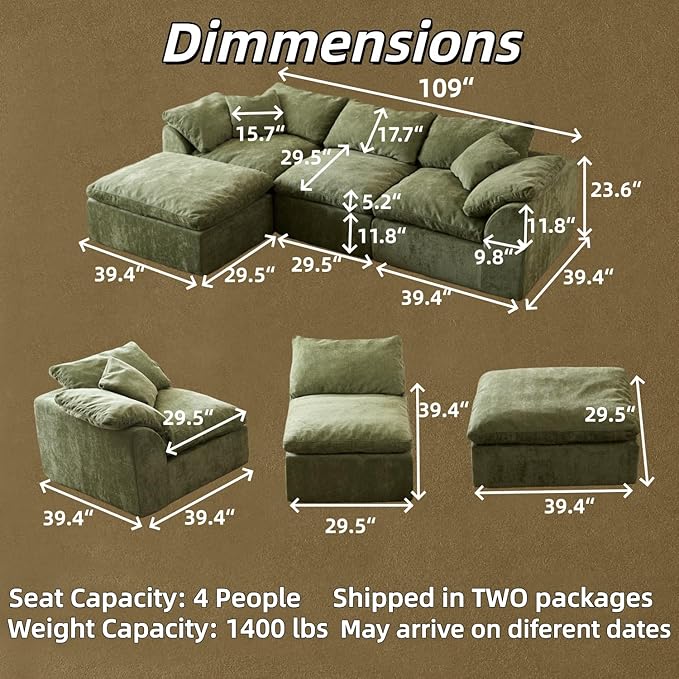 109 Modern Cloud Couches for Living Room Deep Seat Convertible L-Shape Boneless Couch with Ottoman Oversized Comfy 3-Seater Couch Chenille Fabric Compressed Sofa Modular Sectional Sofa (Green)