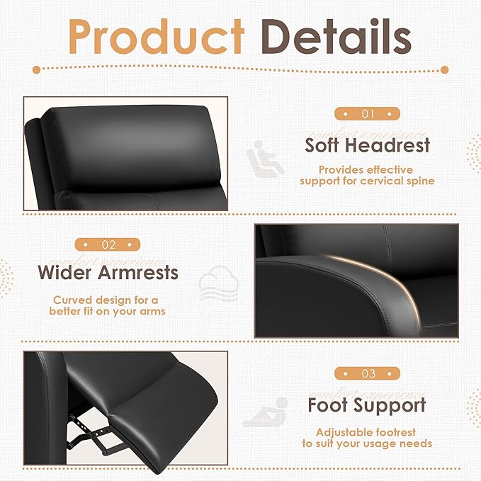 GUNJI Recliner Chair for Adults Modern PU Leather Adjustable Reclining Chair for Living Room Home Theater Seating with Footrest (Black)