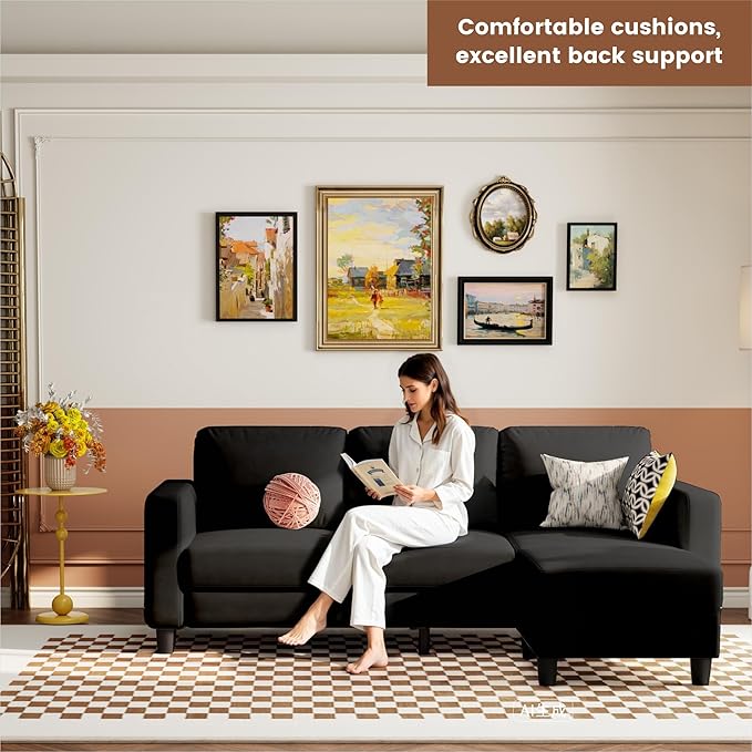 73 Small Sectional Sofa with Reversible Chaise Linen Fabric L-Shaped Couch with Solid Oak &amp Iron FrameHigh-density Sponge Spring Seat CushionRemovable Sofa Cover Compact Apartments and Studios