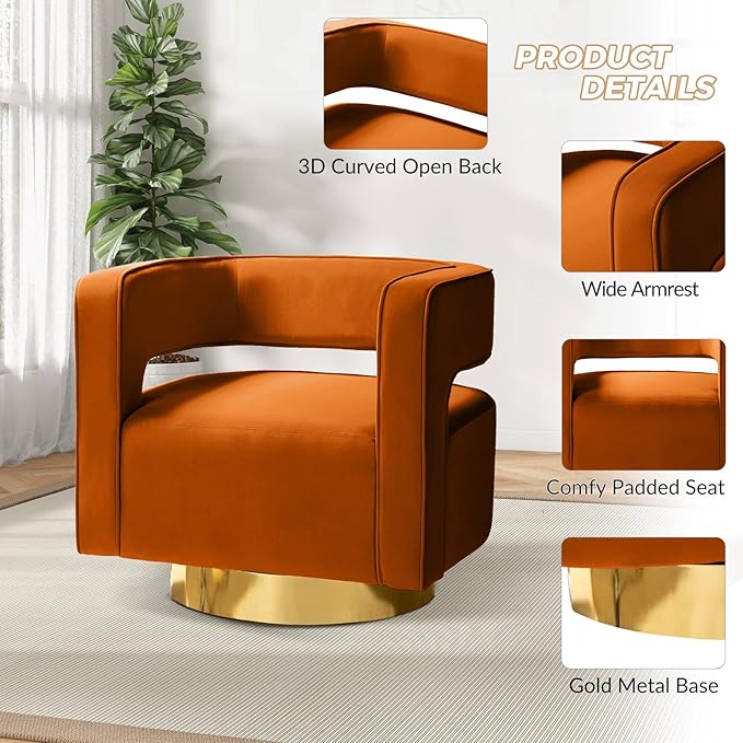 TINA'S HOME Swivel Accent Barrel Chair Modern Velvet Armchair with 3D Curved Open Back &amp Swivel Gold Metal Base Upholstered Club Chair for Living Room Bedroom Nursery Orange(No Assembly Require