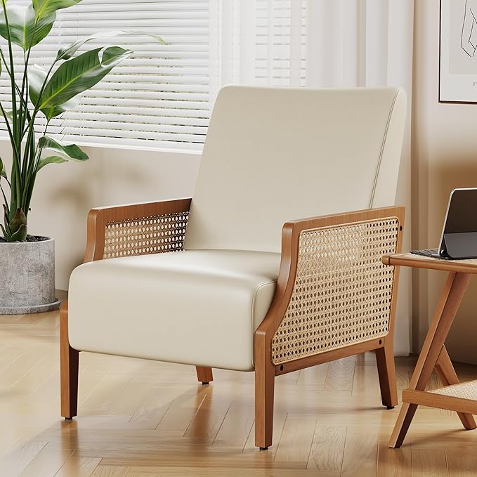 Aklaus Mid Century Accent Chair Set of 2 with Rattan Armrest Upholstered Living Room Chairs Lounge Fabric Reading Chairs Side Sitting Farmhouse Chair for Living Room Bedroom Balcony Beige