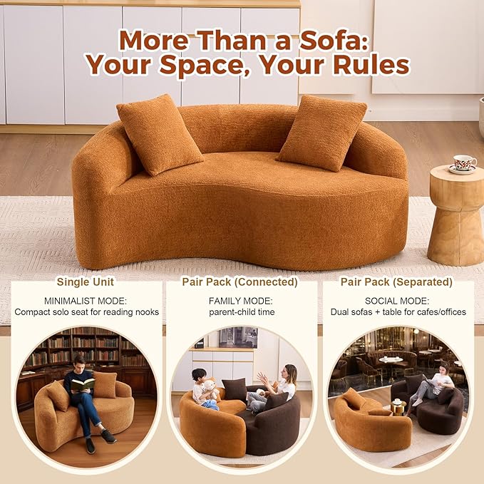 Luxury Modern Chenille Sectional Sofa Tai Chi Curved Compression Couch Boucle Cozy Soft Loveseat for Living Room Apartment Office (Orange)