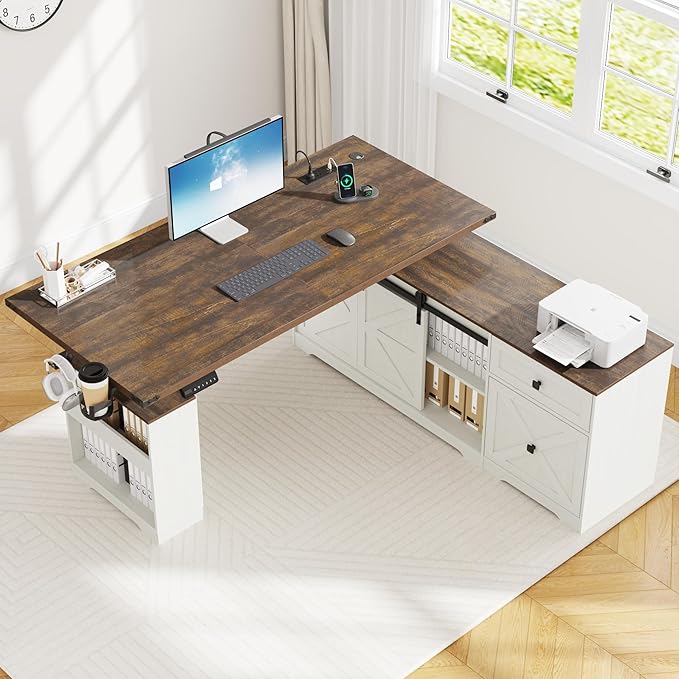 63 Farmhouse Electric Standing Desk Adjustable Height Sit Stand Corner Stand Desks L Shaped Standing Computer Desk with Power Outlets &amp Storage Drawers &amp Sliding Door for Home Office White