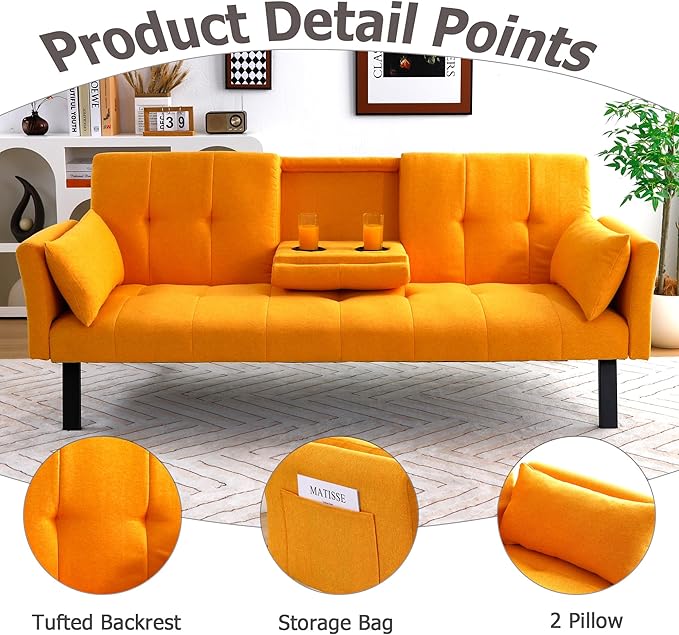 70 Convertible Sofa Bed Modern Futon CouchAdjustable Backrest Cotton Linen with Cup Holders and 2 Throw Pillows Sleeper Sofa for Living Room Apartment Small Space (Yellow)