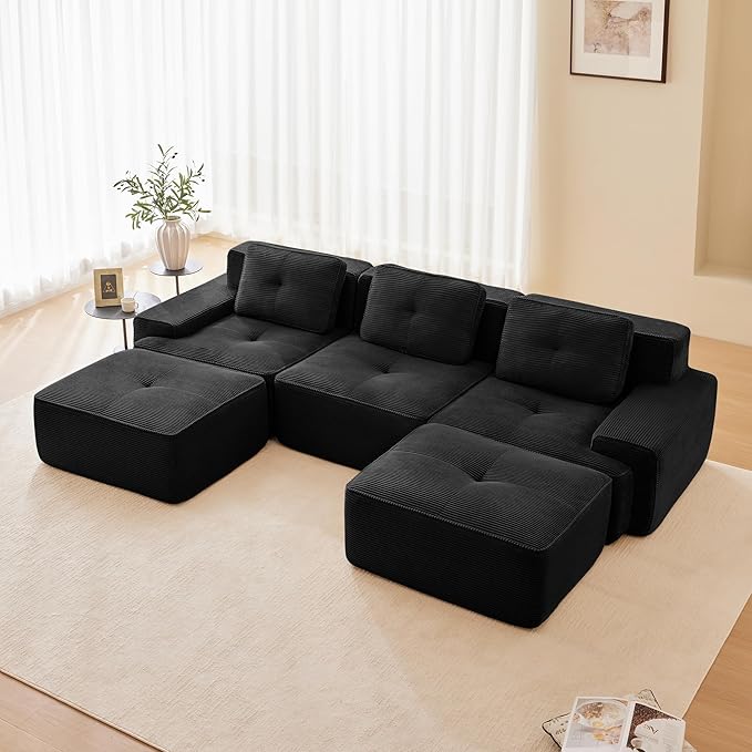 Boneless Couch Modular Sectional Sofa 117 Modern Cloud Couch with Deep Seat Comfy Corduroy U Shaped Sectional Couches for Living Room 3 Seater Tufted Floor Sofa with Movable Ottoman Black