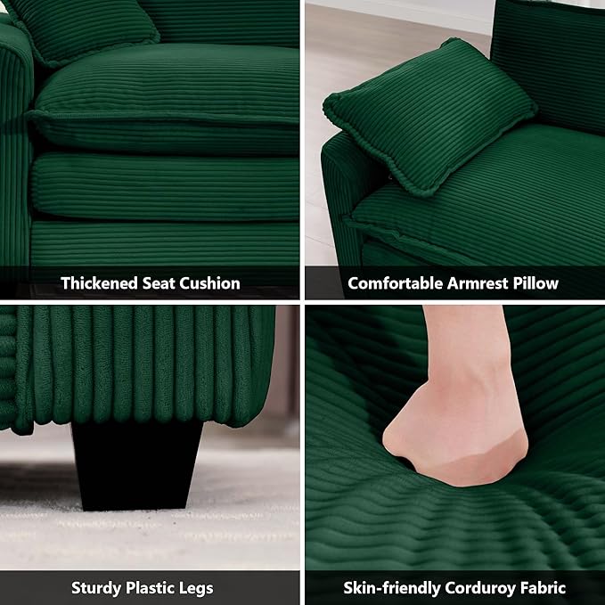 mikibama Luxury Modular Sectional Sofa Chair 45 Inch Modern Corduroy Comfy Cloud Couches for Living Room Office Bedroom Deep Sofa Chair with 1 Toss Pillows Green
