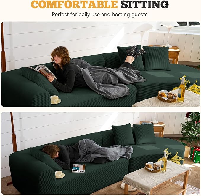 126 Curved Modular Sectional Sofa Modern Cloud Couch with Deep Seat Upholstered Oversized Boneless Couches for Living Room No Assembly Required Green Corduroy Fabric 1 PCS