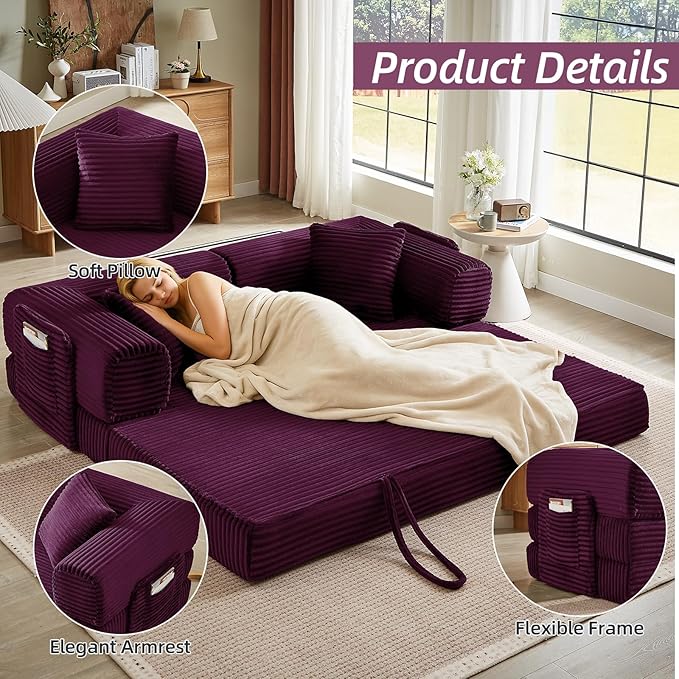 Convertible Folding Sofa BedFold Out Floor Sofa Couch with Fixed-Shape FrameCorduroy Foldable Mattress Cloud Couch for Living Room Bedroom (Purple-1 81 Inch)