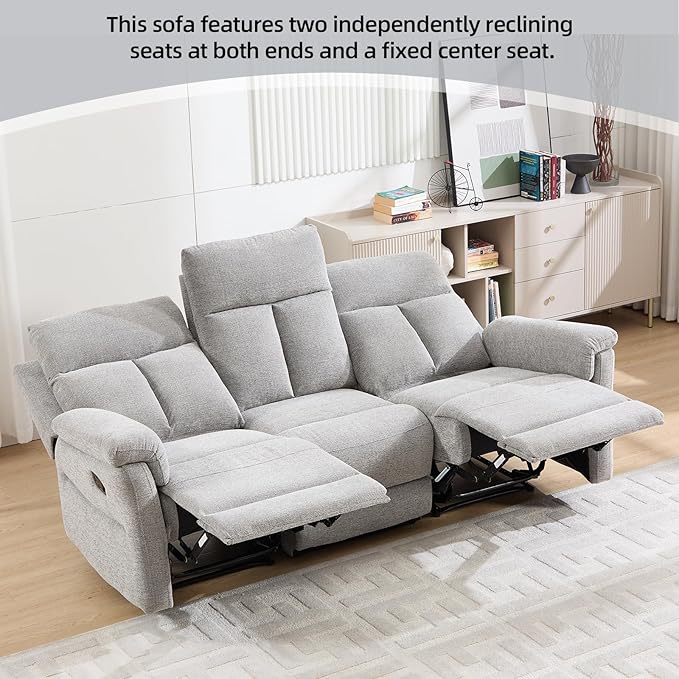 Manual Reclining Sofa 3 Seat Soft Fabric Recliner Couch for Adults with Overstuffed Arms and Back Sofa Recliner for Living Room (Silver)