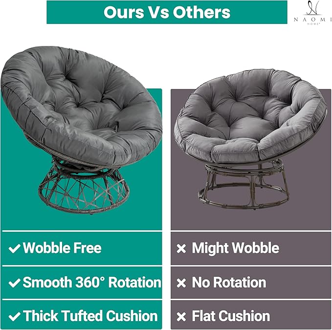 Naomi Home 40” Papasan Chair Indoor with Cushion and Frame – Round Wicker Papasan Chair with Thick Tufted Cushion Sturdy Metal Base Large Reading Chair for Bedroom &amp Living Room Dark Gray