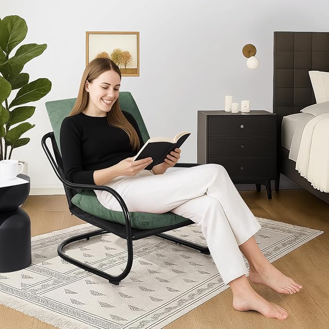 Peace nest Modern Accent Chair Comfy Living Room Suspended Chair Bedroom Armchair with Mental Frame Comfortable Upholstered Cushion for Balcony Lounge Reading Meeting Room Green