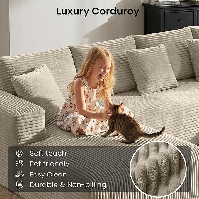 Belhome 135 Oversized Modular Sectional Sofa U-Shaped Cloud Couch with 59 Deep Seat Corduroy Boneless Couch with Convertible Chaise High-Resilience Foam Compression Sofa Camel 3 Packages