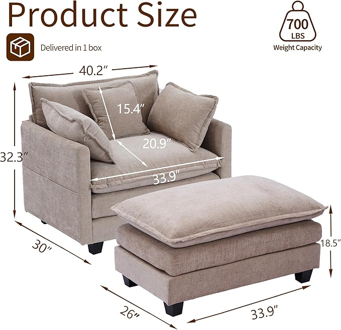 SweetGO corporation 40 Chenille Lounge Chair for Reading Modern Couch Cozy Sofa Bed Upholstered Living Room Single Sofa Accent Chair with Ottoman Coffee