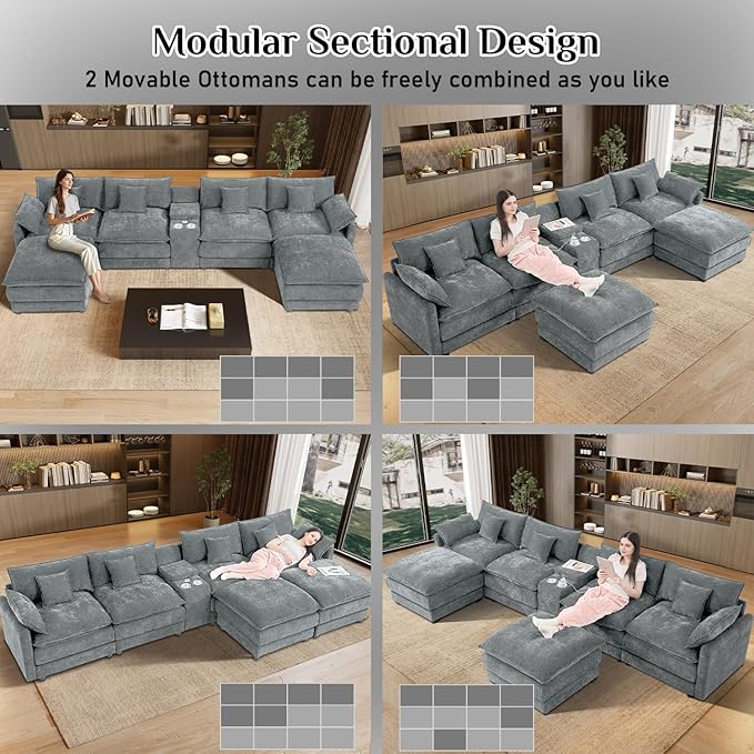 163 Oversized U Shaped Cloud Couch Modular Sectional Sofa 6 Seat Sofa Set for Living Room Comfy Fluffy Chenille Deep Seat with Movable Ottoman Storage Central Console USB Ports Cup Holders Grey