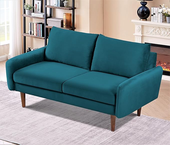 Kent Velvet Loveseat Sofa for Modern Living Rooms and Compact Spaces Comfy 2 Seater Couch Studio Apartment Furniture with Sleek Design Greenish Blue