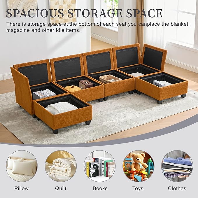 KEIKI 115 U-Shaped Polyester Modular Sectional Sofa with 2 Movable Ottoman &amp Storage Seat Upholstered Convertible Oversized 6-Seater Couch Free Combination Easy Assembly for Living Room Oran