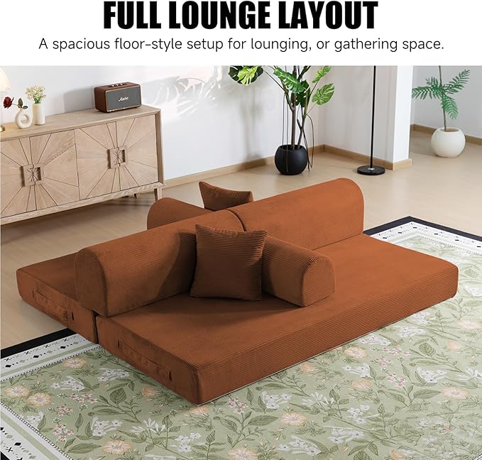 78.8 Boneless Memory Foam Couch Corduroy Convertible Floor Sofa Bed Fold-Out Sleeper Futon Loveseat Wide Armrests &amp Supportive Back 1200 lb Couch in a Box 2 Pillows Orange