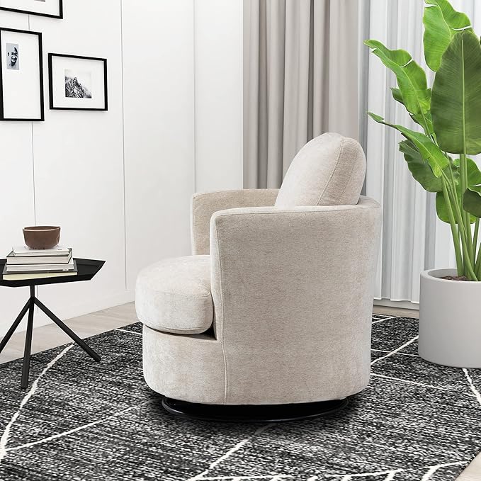 31.9W Beige Chenille Swivel Accent Barrel Chair Comfy Round Accent Sofa Chair 360 Rotation Degree Club Chair Leisure Arm Chair for Nursery Bedroom Living Room Lounge Hotel Office (Beige)