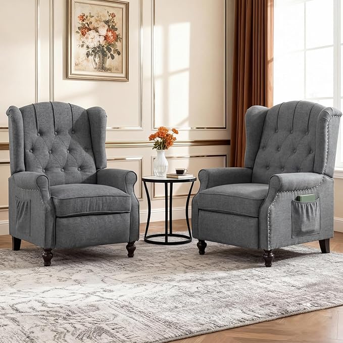 BINGTOO Push Back Recliner Chair with Massage and Heat Mid Century Tufted Fabric Wingback Chair with Rivet Decoration for Living Room Bedroom Gray 1 Chair