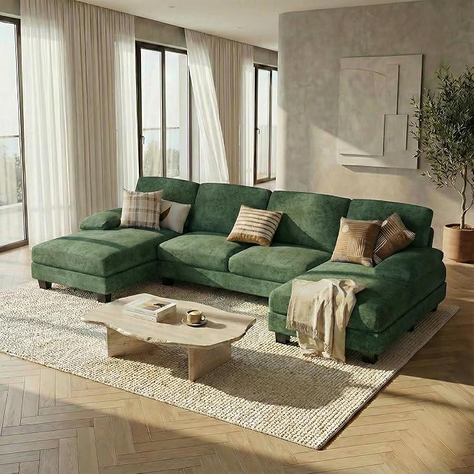 Homall Modular Sectional U Shaped Sofa Couches for Living Room Comfy Chenille 4 Seat Sofa Set with Removable Pillows Lounge Chaise Upholstered Couch for Apartment (Chenille Green)