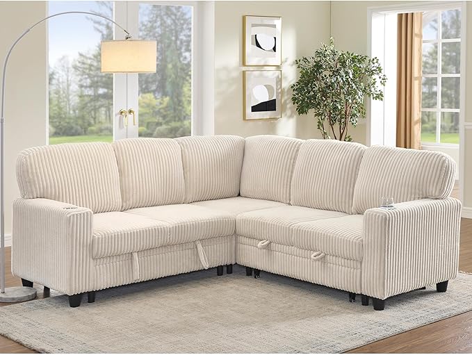 L-Shaped Sectional Sleeper Sofa with Pull Out Bed with Storage 5-Seat Sleeper Couch with USB Charging Convertible Design for Living Room Apartment Corduroy Fabric (Beige)