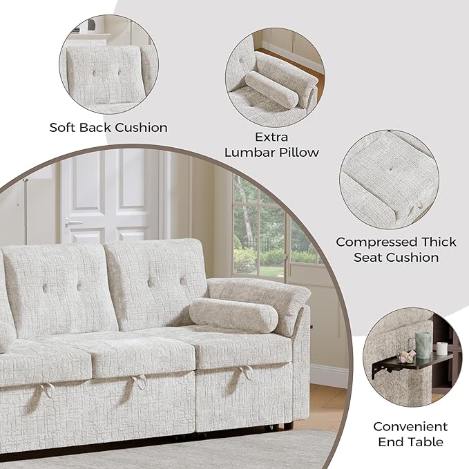 Convertible Queen Sofa Bed 63 Inch Chenille Pull Out Couch with Side Table 3 Seat Pull Out Sofa Bed with Level Adjustable Backrest Comfy Sleeper Sofas for Living Room Apartment Beige