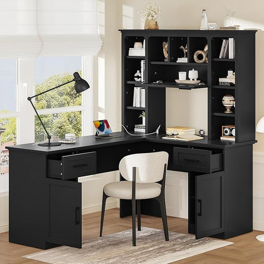 Polibi L-Shaped Computer Desk with Storage - 2-in-1 Design with 2 Drawers and 2 Cabinets 11 Open Shelves &amp Power Outlet for Home Office Black