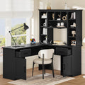 Bellemave L-Shaped Computer Desk with Drawers Hutch and Bookshelf Home Office Desk Corner Gaming Computer Desk with Power Outlet Study Table Writing Desk Black
