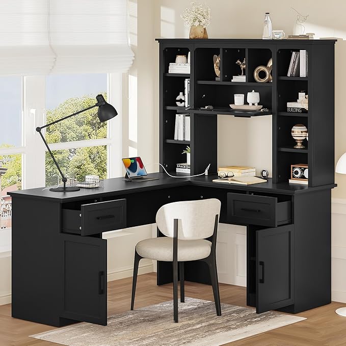 Bellemave L-Shaped Computer Desk with Drawers Hutch and Bookshelf Home Office Desk Corner Gaming Computer Desk with Power Outlet Study Table Writing Desk Black