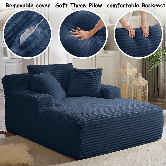 67 Inch Boneless Couch Oversized Chaise Lounge Sofa Corduroy Chaise Lounge Chair Indoor with Comfy Pillows for Living Room Bedroom Foam Filling No Assembly (Blue)