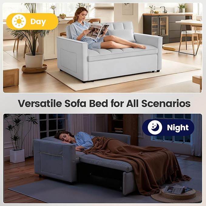 3 in 1 Sofa Bed Love Seat Sleeper Bed with Side Pockets Velvet Fabric Pull Out Couch with Adjustable Backrest for Living Room Bedroom ApartmentGray